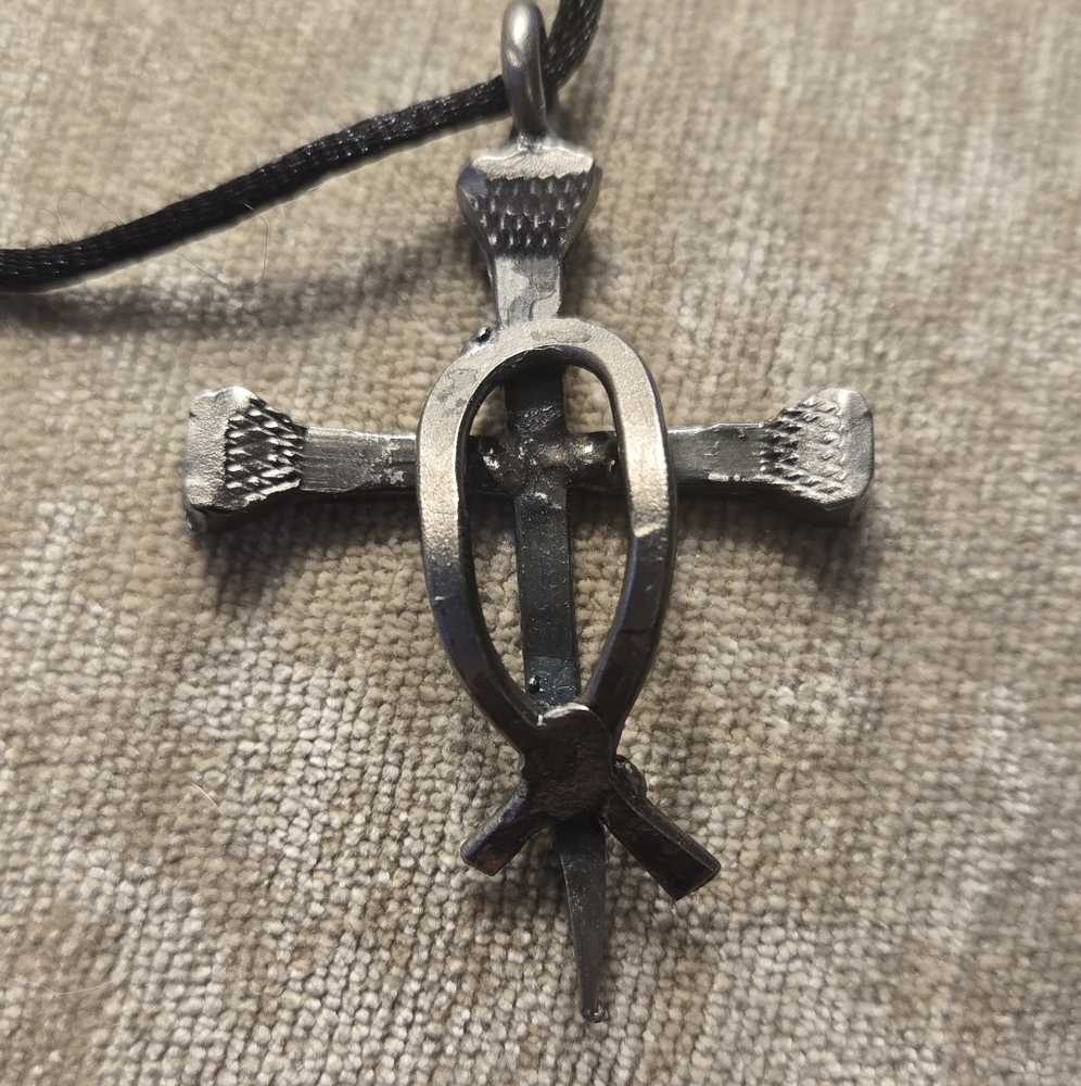 Handmade Horseshoe Nail Cross Pendant Welded Steel Farrier/Blacksmith Craft READ